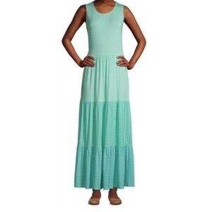 Land's End tiered sleeveless maxi dress green gingham size M petite
